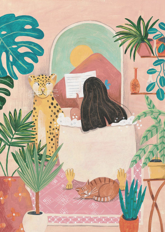 Woman taking bath in pink tropical bathroom | Poster