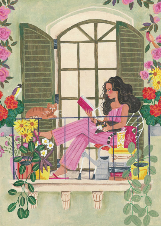 Woman reads on balcony | Poster