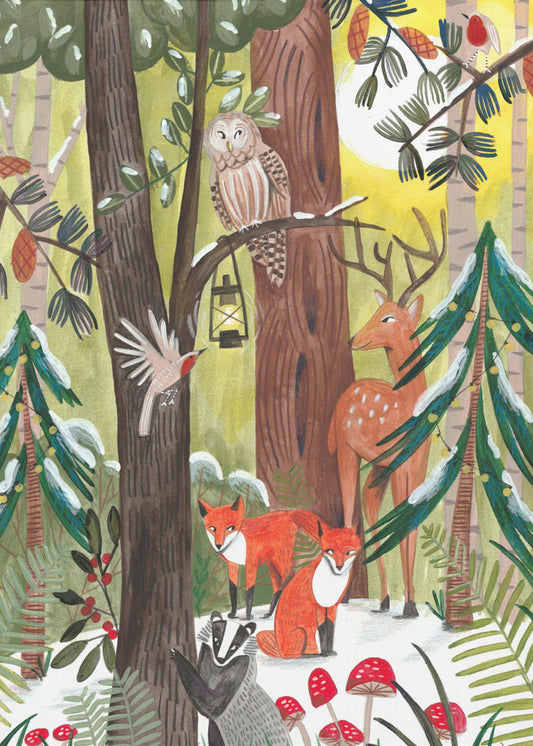 Green Christmas forest with animals | Canvas