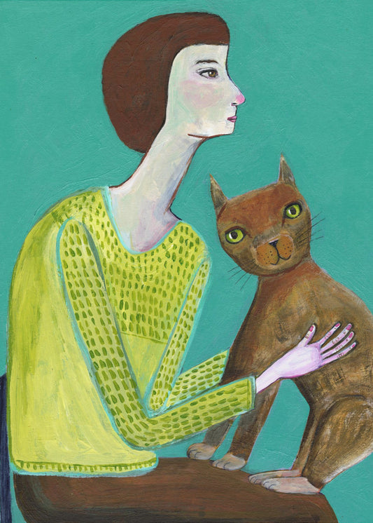 Lady Sitting with Brown Cat Cat Lover | Poster