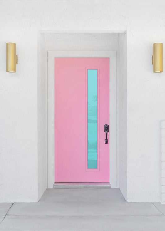 Roze deur met een blauw raam | Canvas