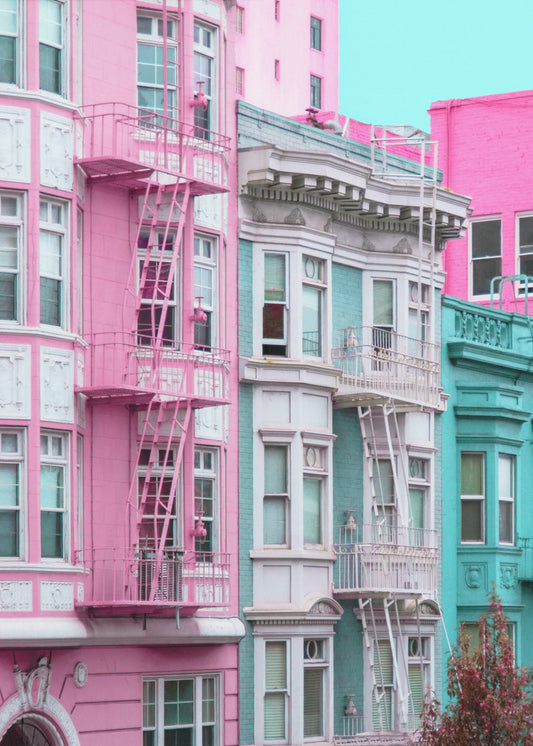 Roze en blauwe rijtjeshuizen in San Francisco | Canvas