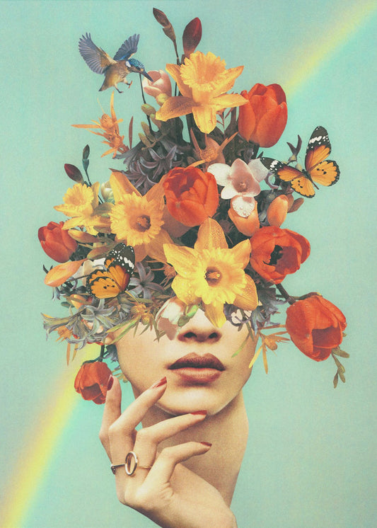 Baby in bloei - Regenboog, bloemen, vogels en vlinders | Canvas