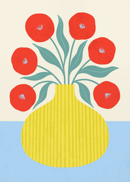 Rode bloemen in gele vaas | Poster