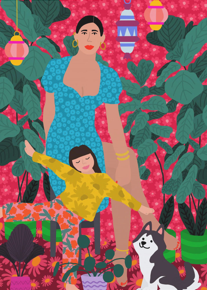 Vrouw en kind in de tuin | Canvas