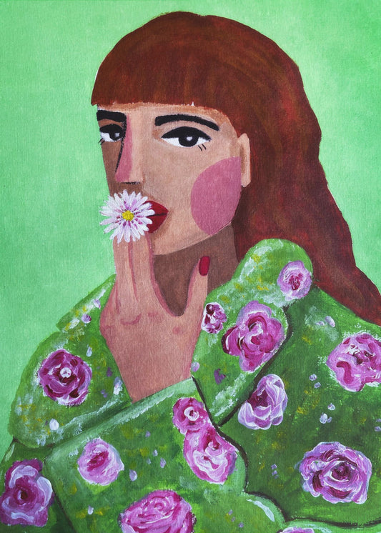 Vrouw die een bloem rookt | Canvas