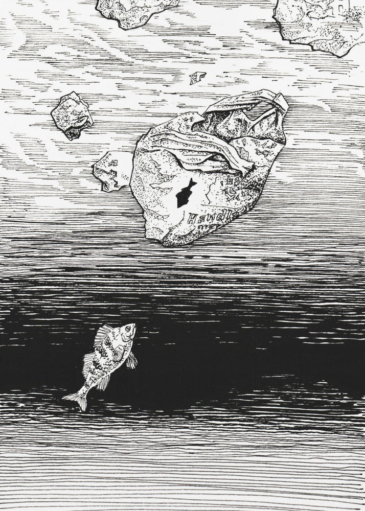 Midless. Een vis in de plastic zee. Inkttekening. | Poster