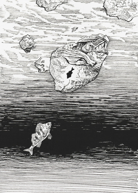 Midless. Een vis in de plastic zee. Inkttekening. | Canvas