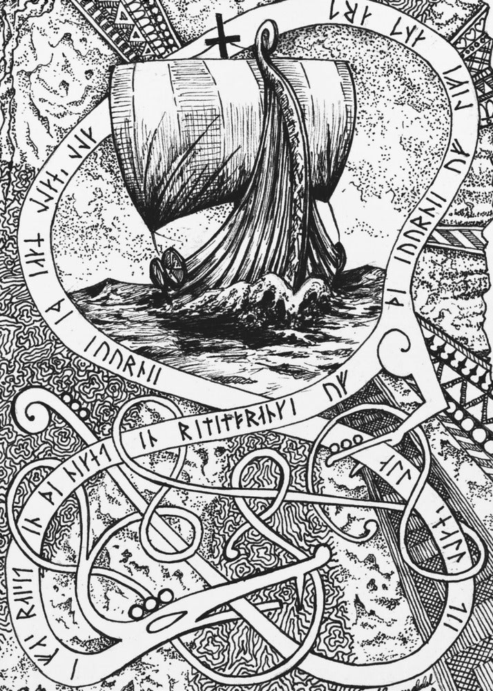 De Reis. Viking Doodle Inkttekening. | Canvas