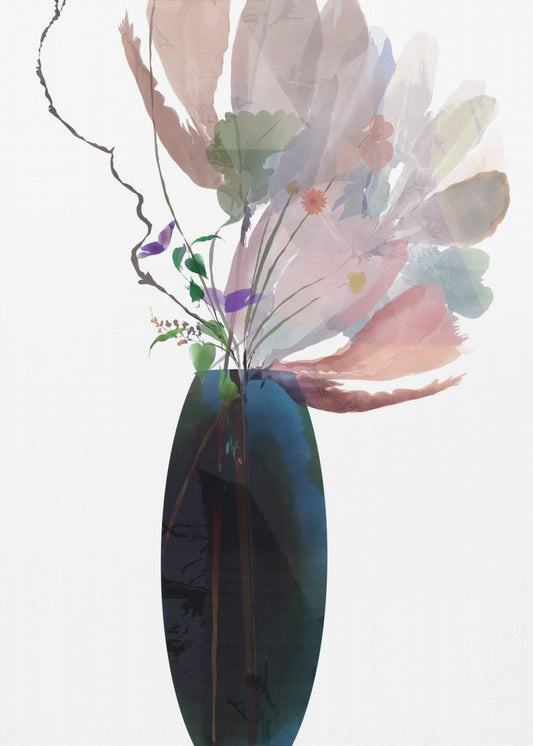 Blozende roze bloemen in blauwe glazen vaas | Poster