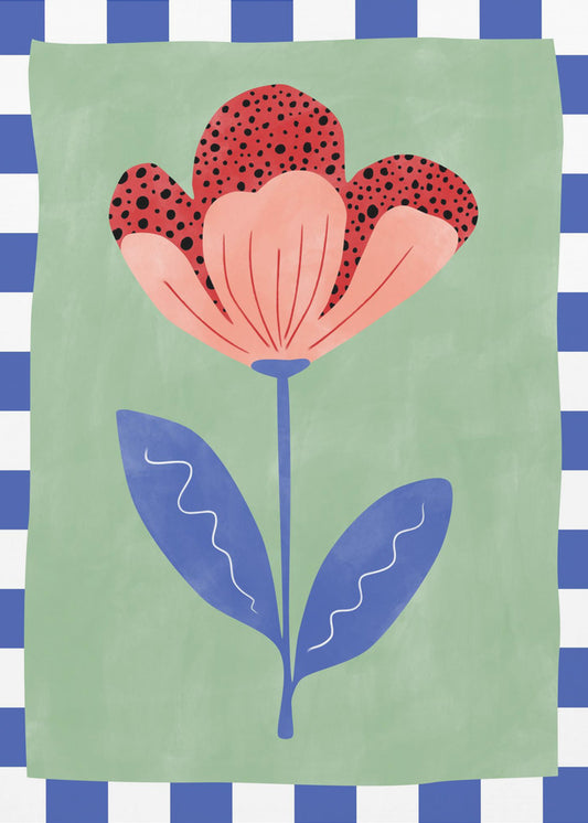 Gestileerde bloem met rode bloemblaadjes en zwarte stippen | Poster