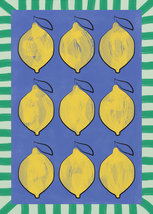 Levendige gele citroenen op een diepblauwe achtergrond | Poster