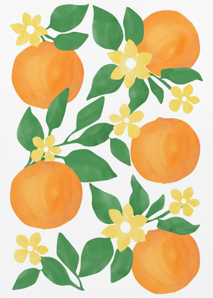 Sinaasappels met groene bladeren en delicate gele bloemen | Poster