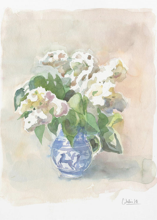 Witte seringen in een vaas, aquarel. | Poster