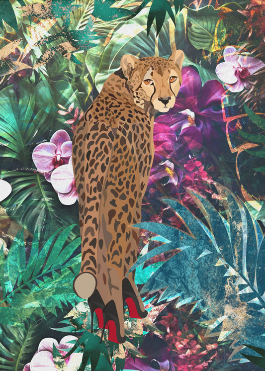 Tropische bloemenjungle - Cheetah op hakken | Poster