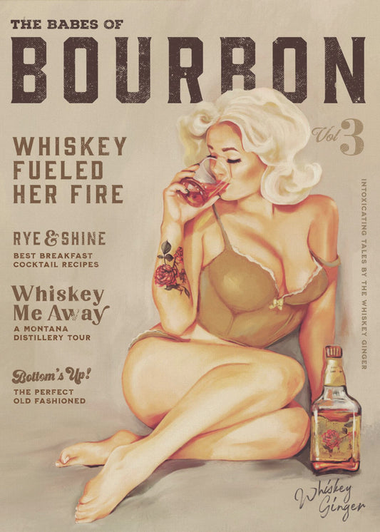 Bourbon wanddecoratie. Sexy vintage pin-upgirl drinkt whisky | Poster