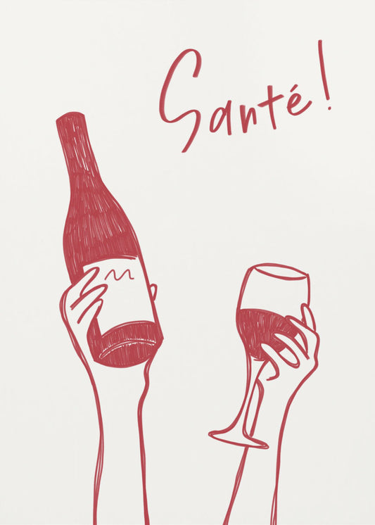 Handen met een fles wijn en een wijnglas met de tekst "Proost!" in het Frans | Canvas