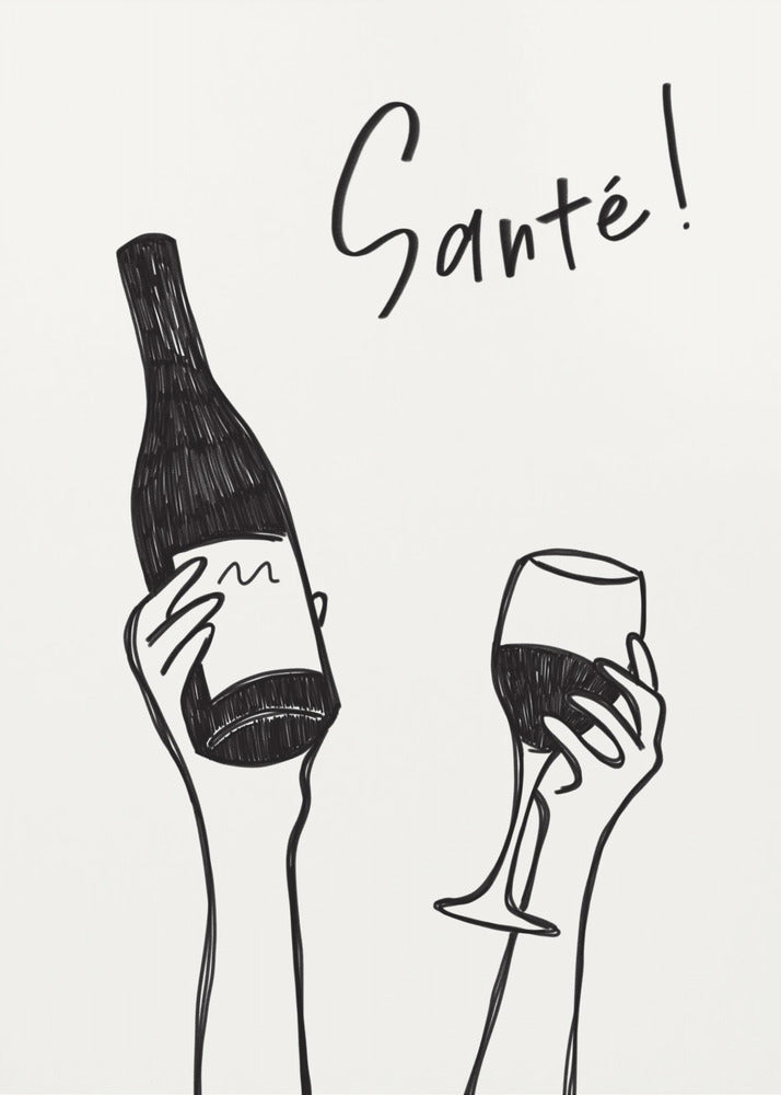 Handen met een fles wijn en een wijnglas met de tekst "Proost!" in het Frans | Canvas