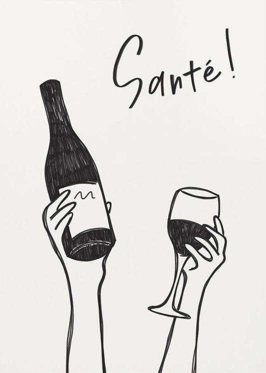 Handen met een fles wijn en een wijnglas met de tekst "Proost!" in het Frans | Canvas