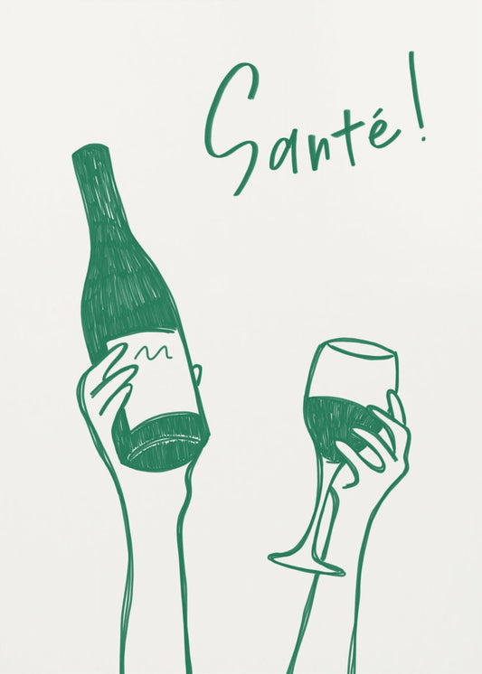 Handen met een fles wijn en een wijnglas met de tekst "Proost!" in het Frans | Canvas
