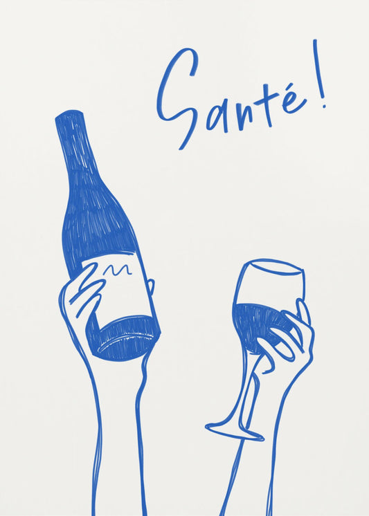 Handen met een fles wijn en een wijnglas met de tekst "Proost!" in het Frans | Canvas