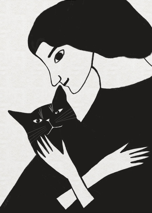 Kattenvrouw met zwarte kat | Canvas
