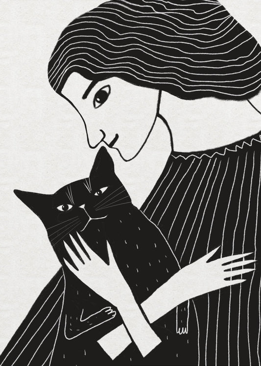 Kattenvrouw met zwarte kat | Canvas