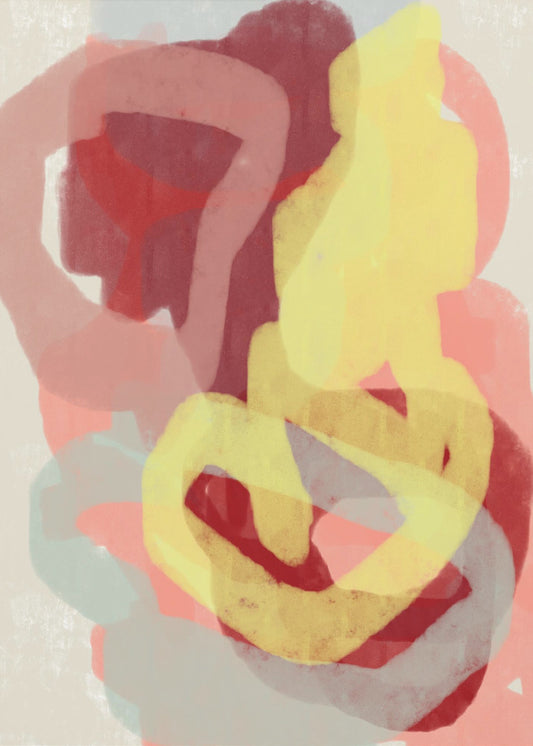 Abstract schilderij in pastel. Geel, rood en grijs. | Canvas