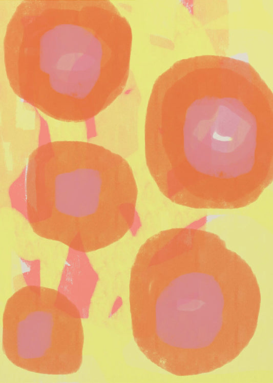 Abstract schilderij. Boho rozen in oranje en roze op geel. | Canvas