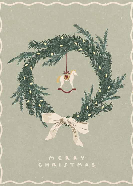 Paarden speelgoed op kerstkrans met strik | Canvas