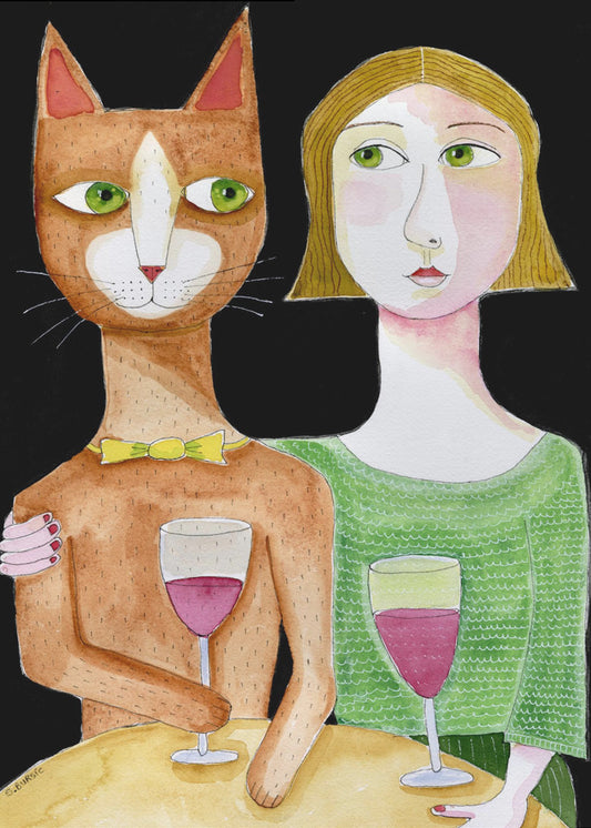 Beste vrienden Kat en Vrouw drinken wijn | Poster