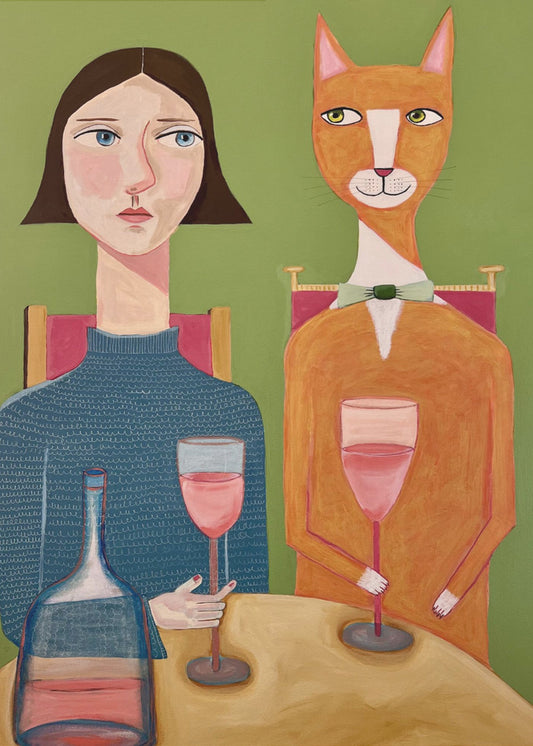 Dame en kat drinken wijn | Canvas