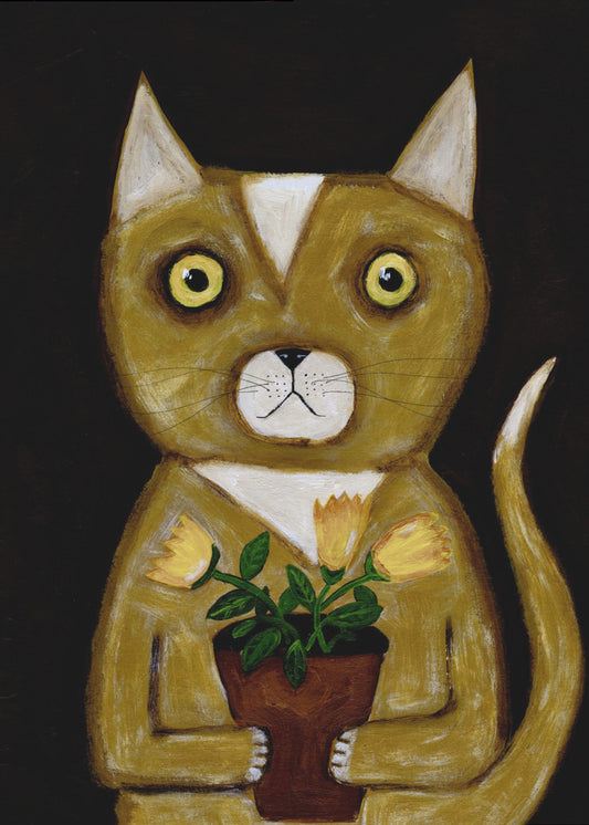 Potplant Kat zwarte achtergrond | Canvas
