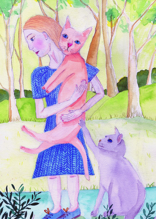 Dame met de roze en blauwe kat. | Canvas