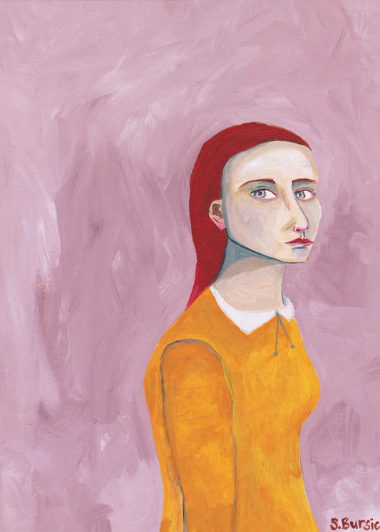 Dame in de gele jurk en roze achtergrond | Canvas