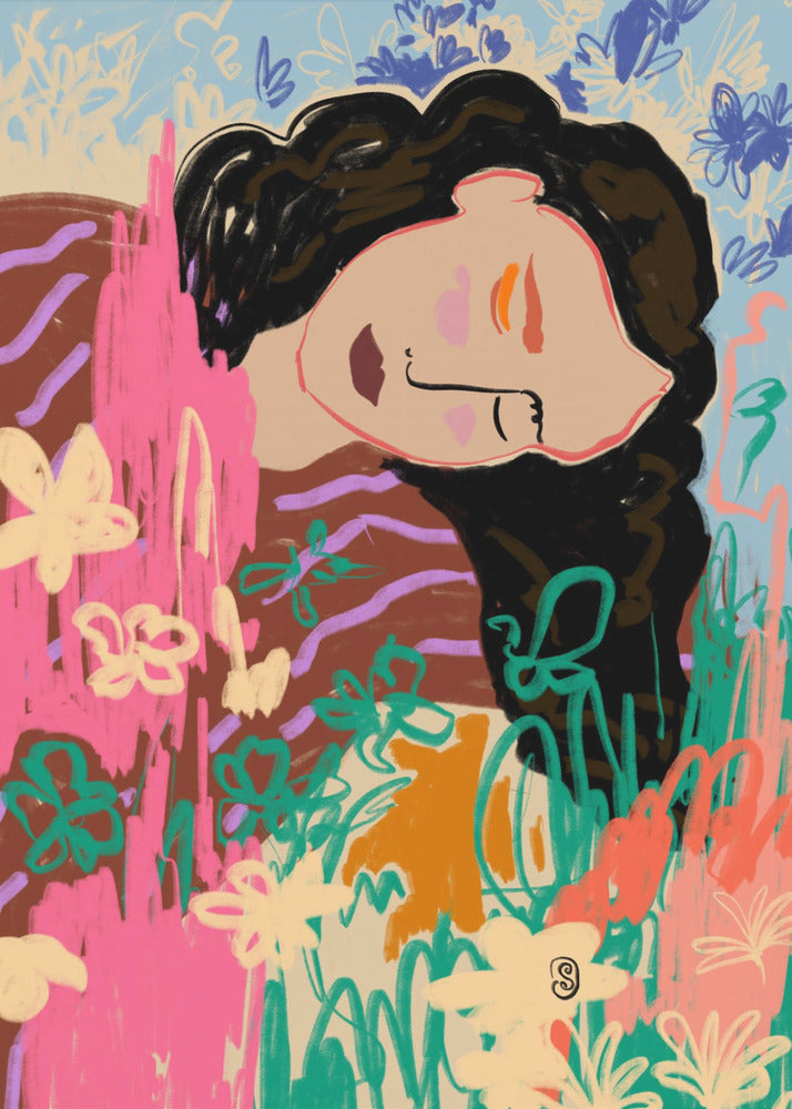 Expressieve figuur omringd door kleurrijke bloemen | Poster