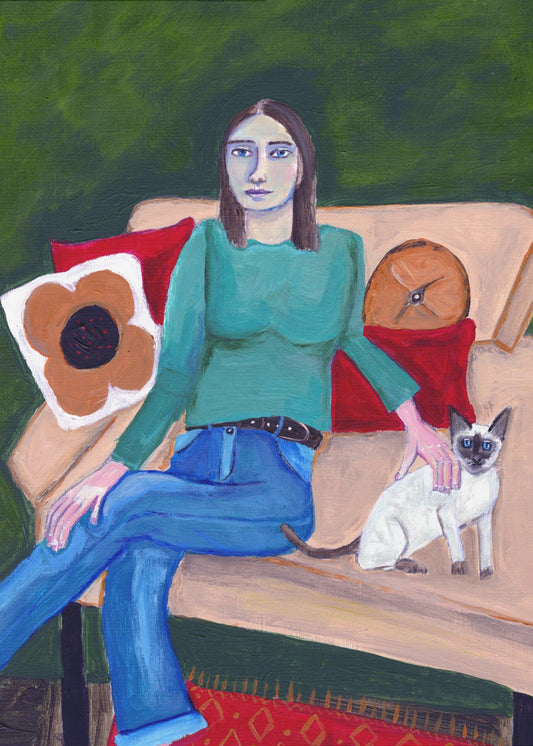 Lady sitting with Siamese Cat | Canvas