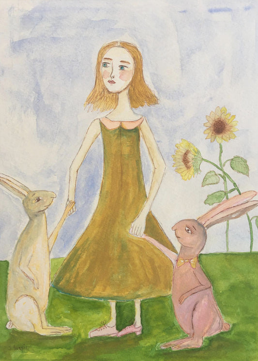 Meisje met haar konijnen | Canvas