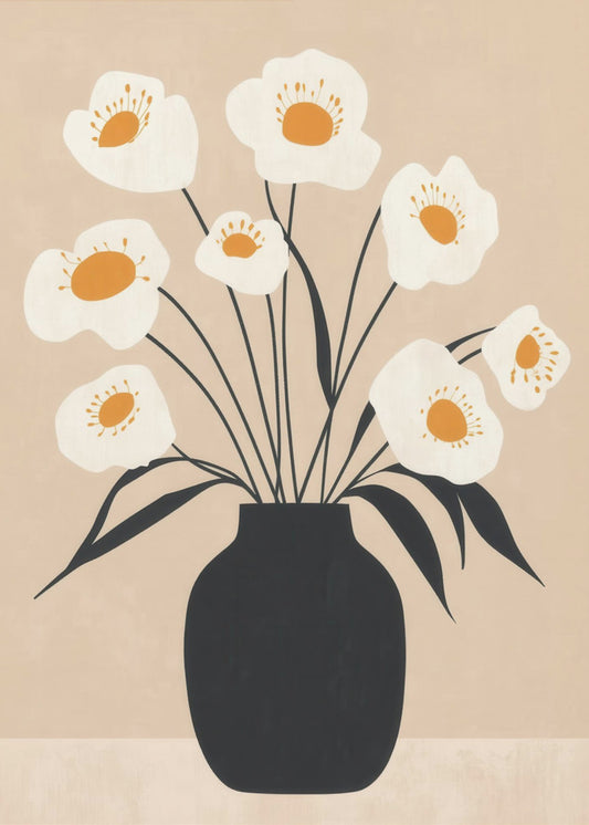 Witte bloemen in zwarte vaas | Canvas