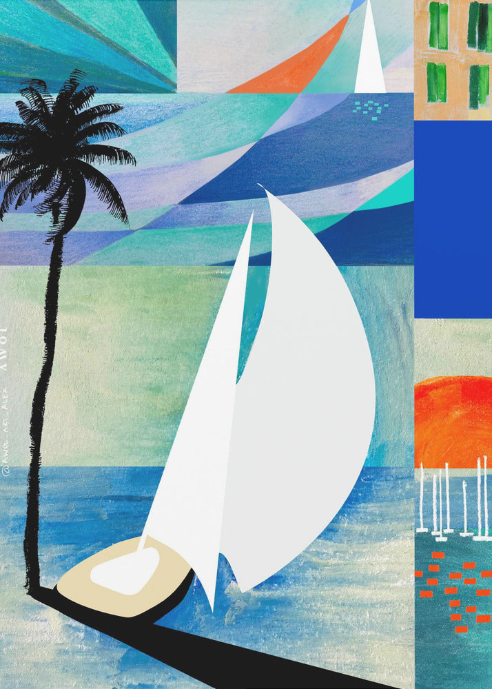 Kleurrijke mediterrane reiskunstprint met zonsopgang en palmboom | Canvas