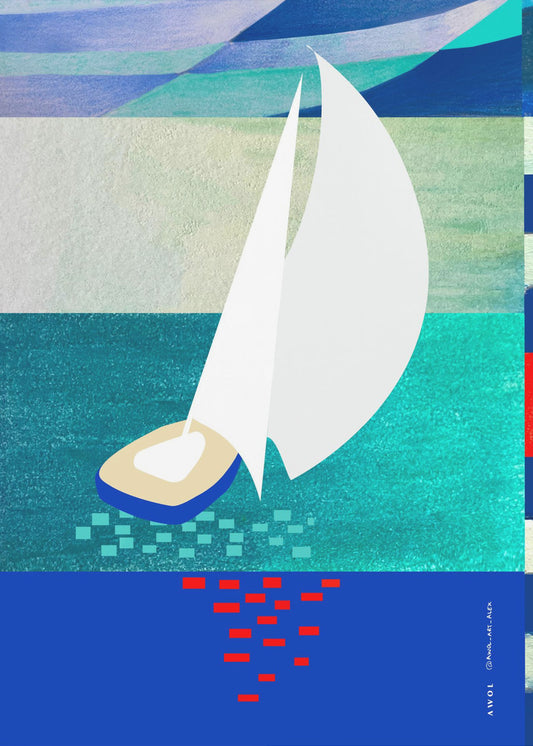 Witte zeilboot met reflecties, abstracte zeekunst met grafische strepen | Canvas