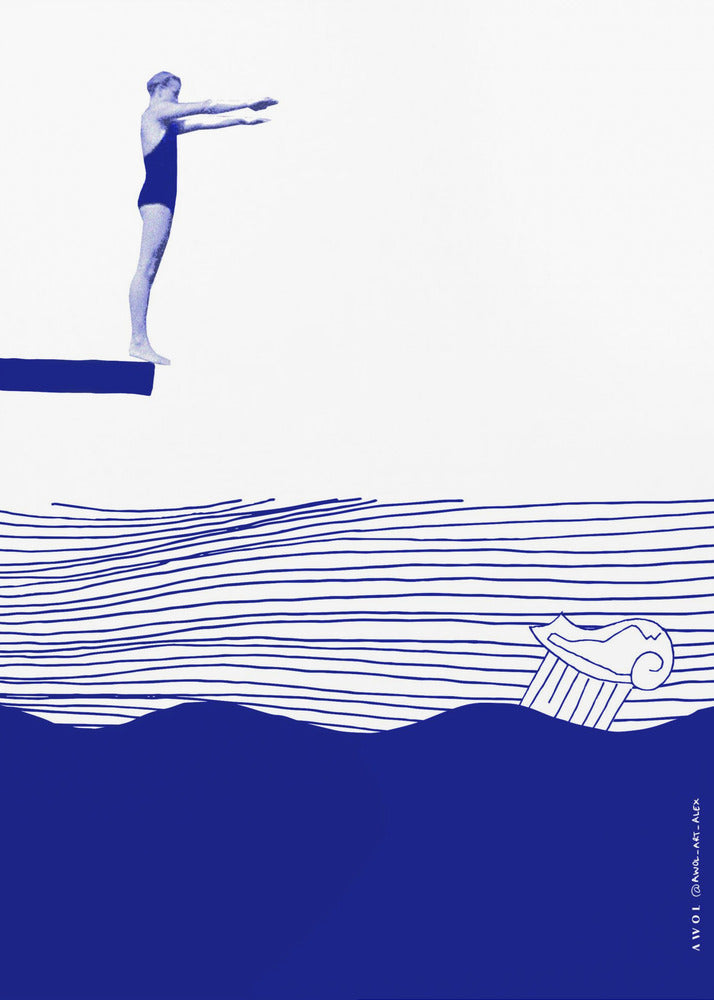 Modern Vintage Beach Wall Art, Nautical Art Print, Woman Swimming In Abstract Sea | Poster