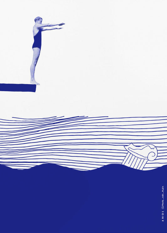 Modern Vintage Beach Wall Art, Nautical Art Print, Woman Swimming In Abstract Sea | Poster