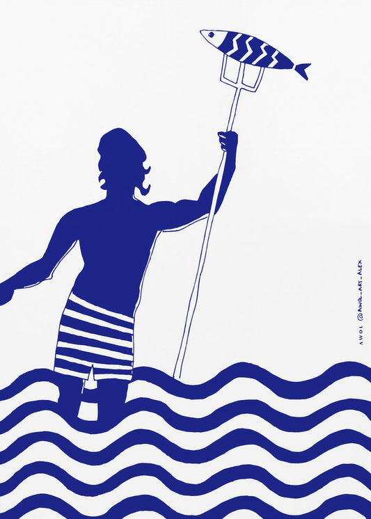 Modern Greek God Poseidon, Nautical Beach Art Print With Man Fishing In The Sea | Canvas