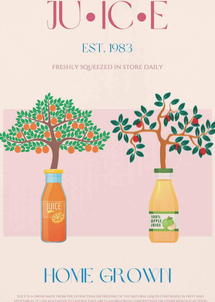 Sinaasappel- en appelbomen met sapflessen | Poster