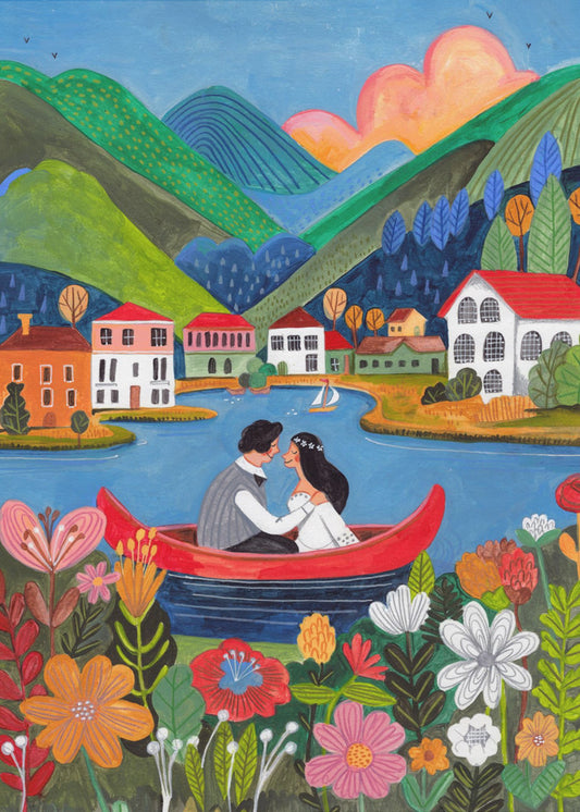 Pasgetrouwd stel in een boot | Canvas