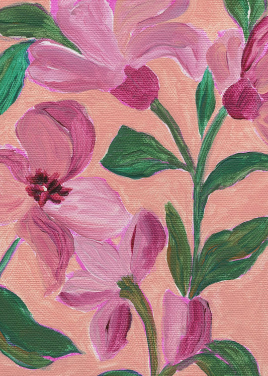 Roze bloemen met opvallende groene bladeren | Canvas