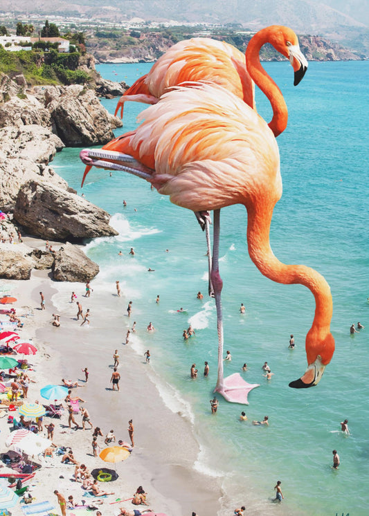 Flamingo's op het strand | Canvas