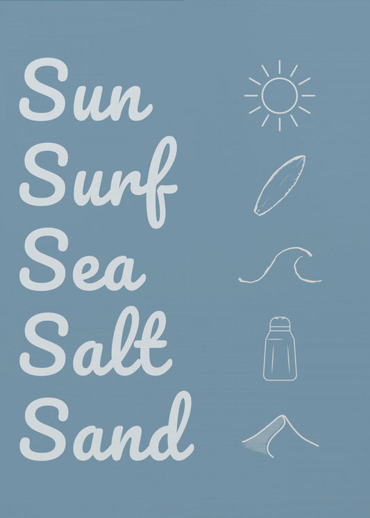 Zon, surf, zeezout, zand, donkerblauw | Poster