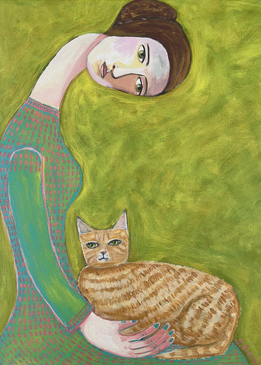 Bent Neck Lady with her so loved ginger cat. | Canvas